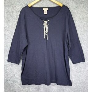 Toffee & Apple Women's 3X Navy Lace-Up Neck Top 100% Cotton Coastal Casual